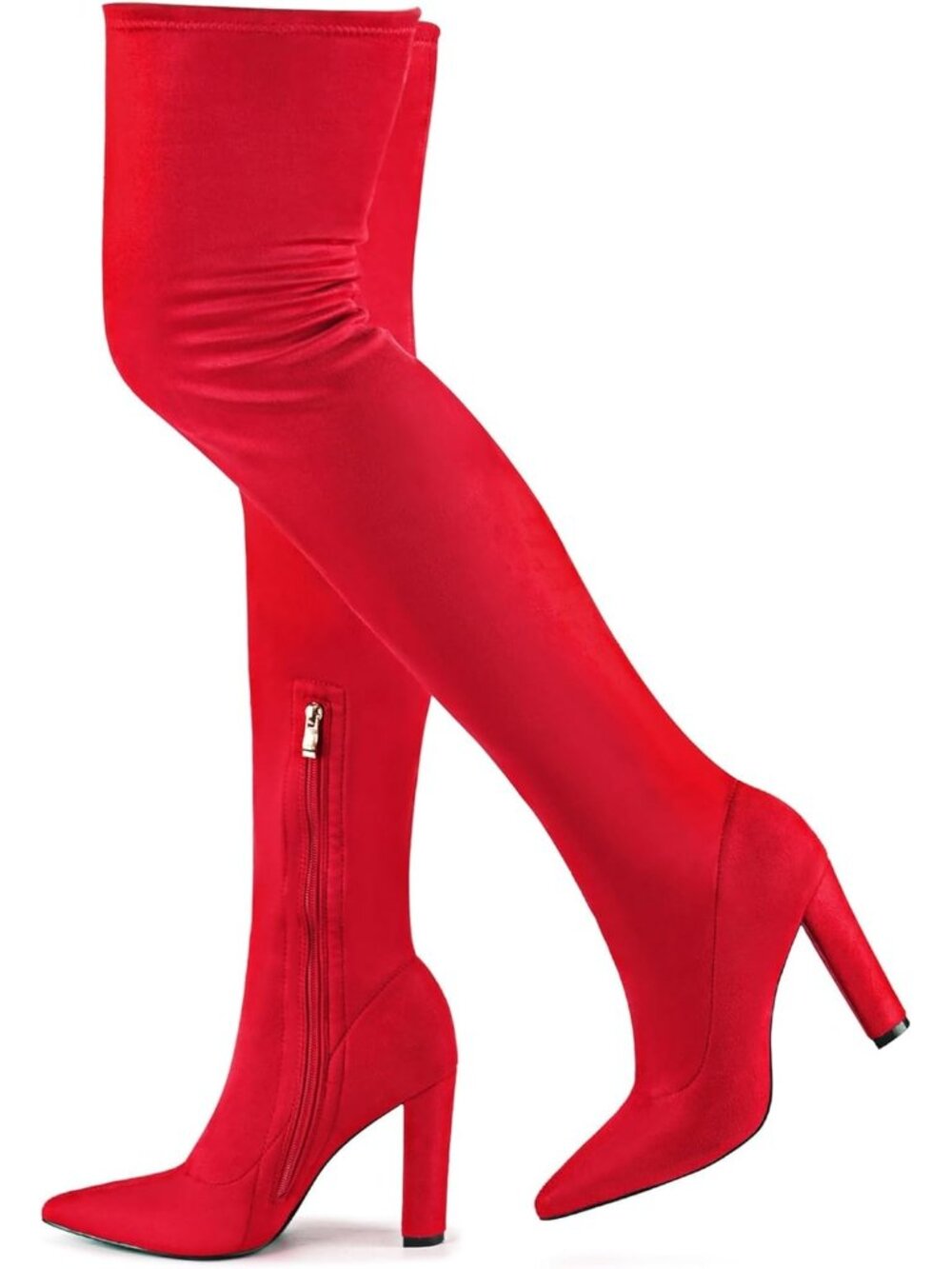 🆕 Women's Red Faux Suede Pointed Toe Chunky Block Heel Over The Knee Boots